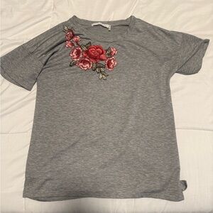 Potter's Pot Gray Top with Red Floral Embroidery